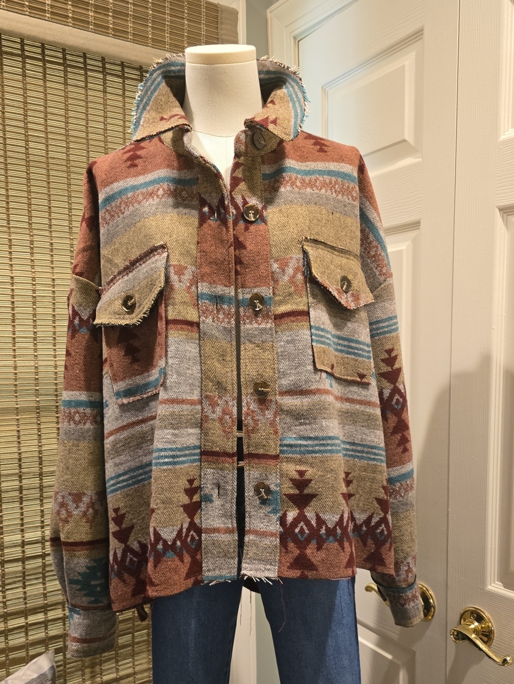 LA MIEL Aztec Print Utility Jacket in Brown, Tan & Blue